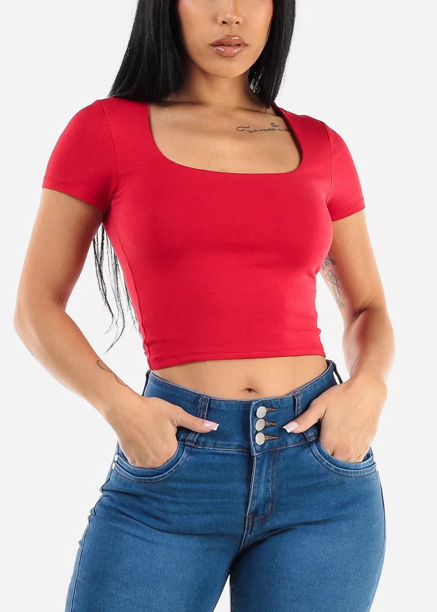 Short Sleeve Square Neck Crop Top Red sold by Moda