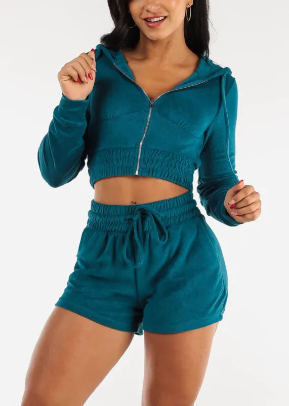Terry Zip Up Cropped Hoodie & Shorts Neon Teal (2 PCE SET) sold by Moda