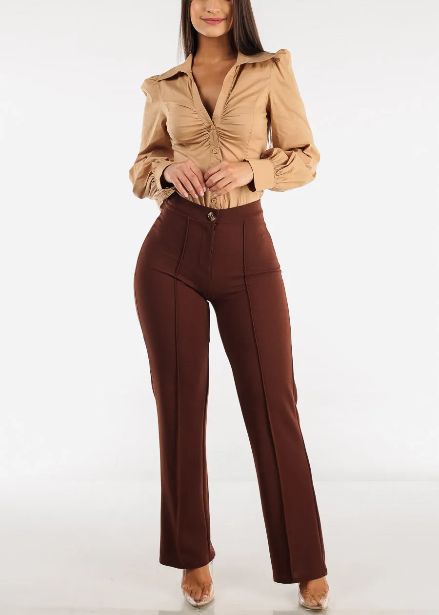 Long Sleeve Beige Ruched Collared Button Up Bodysuit sold by Moda product image thumbnail 2