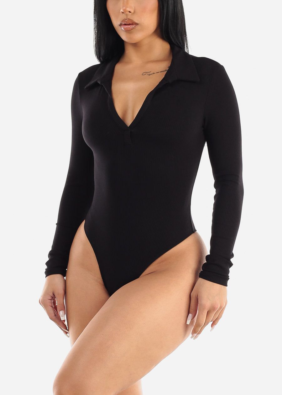 Long Sleeve Black Collared Thong Bodysuit sold by Moda