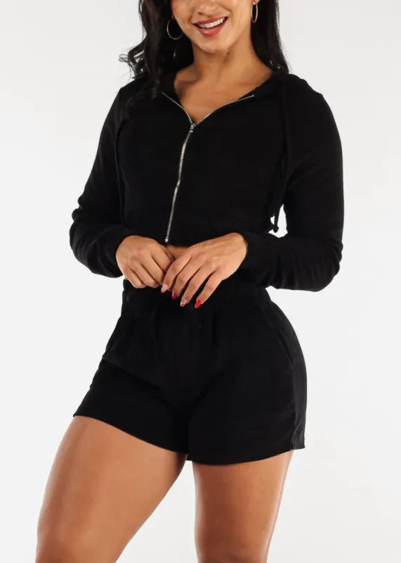 Terry Zip Up Cropped Hoodie & Shorts Neon Black (2 PCE SET) sold by Moda
