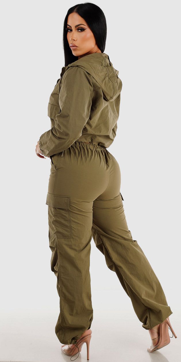 Olive High Rise Parachute Cargo Pants Mocha Long Sleeve Crop Top and Olive Long Sleeve Zip Up Jacket sold by Moda product image thumbnail 2