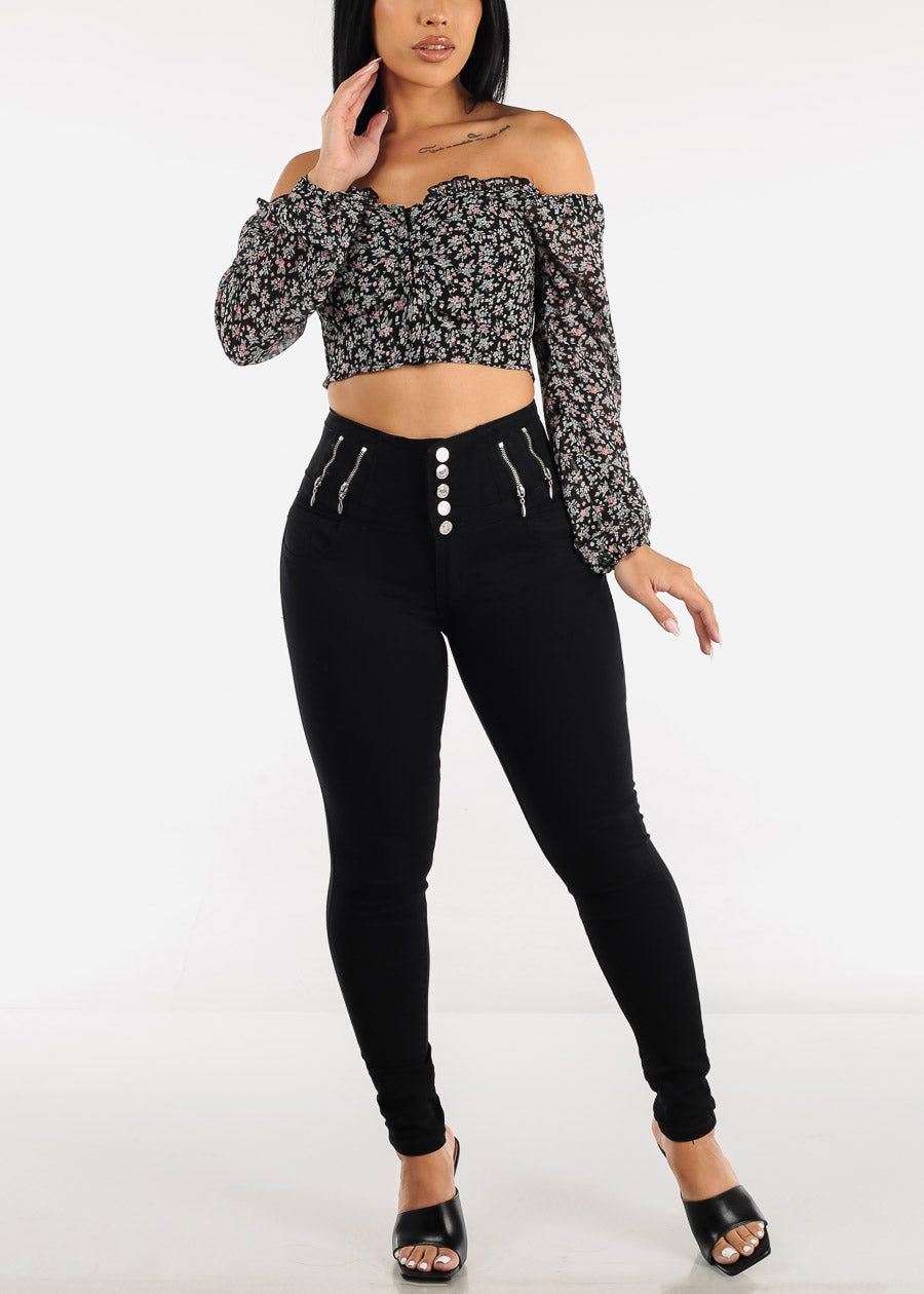 Black High Waist Butt Lift Skinny Jeans with Zipper Detail sold by Moda product image thumbnail 2