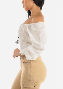 White Off Shoulder Floral Peasant Crop Top sold by Moda