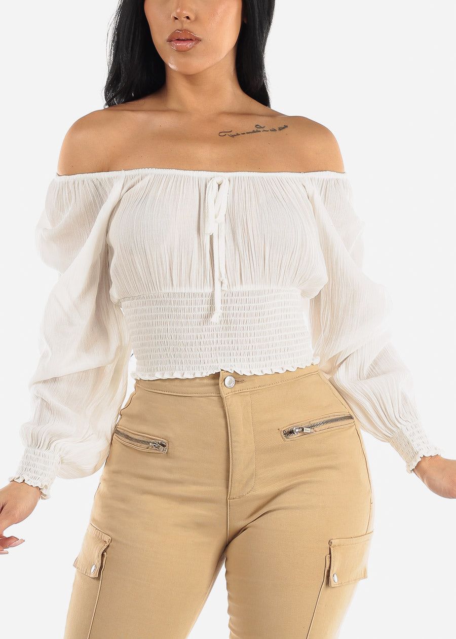 White Off Shoulder Floral Peasant Crop Top sold by Moda