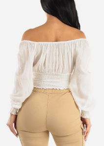 White Off Shoulder Floral Peasant Crop Top sold by Moda