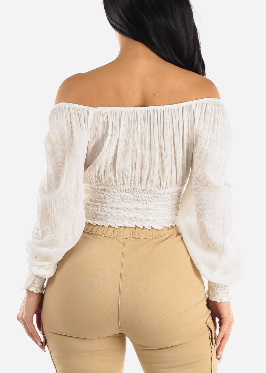 White Off Shoulder Floral Peasant Crop Top sold by Moda product image thumbnail 4