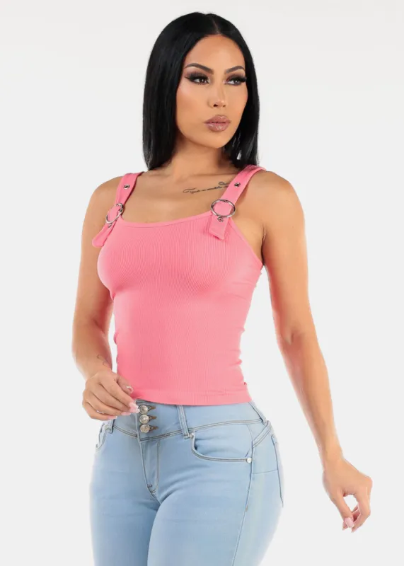 Seamless Ribbed Cami Top w Buckle Straps Pink sold by Moda