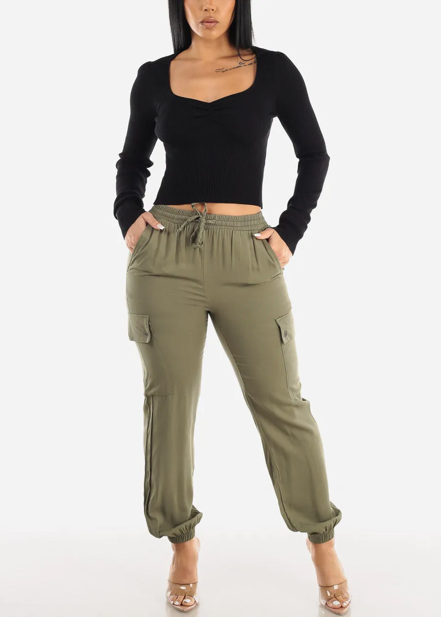 High Waist Drawstring Cargo Jogger Pants Olive sold by Moda product image thumbnail 2