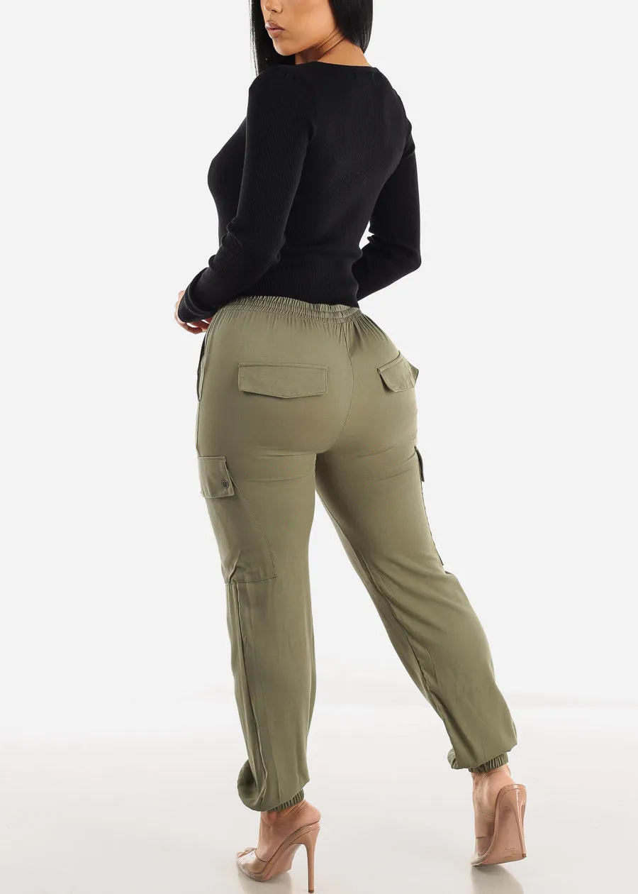 High Waist Drawstring Cargo Jogger Pants Olive sold by Moda product image thumbnail 5