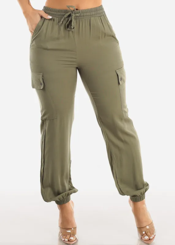 High Waist Drawstring Cargo Jogger Pants Olive sold by Moda