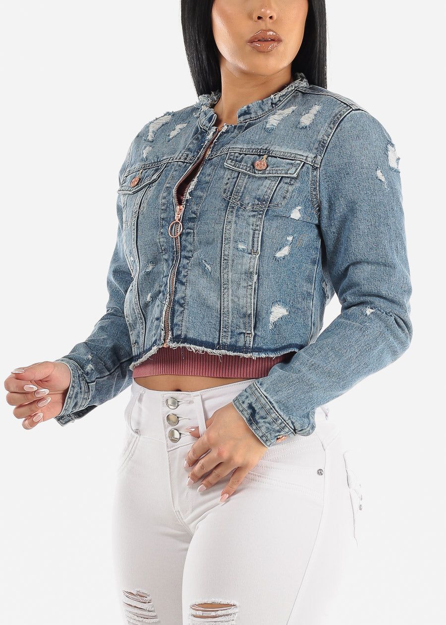 Distressed Long Sleeve Zip Up Faded Denim Jacket sold by Moda product image thumbnail 3