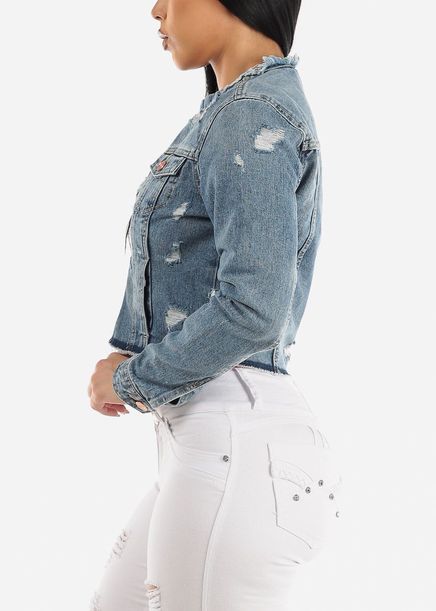 Distressed Long Sleeve Zip Up Faded Denim Jacket sold by Moda product image thumbnail 5