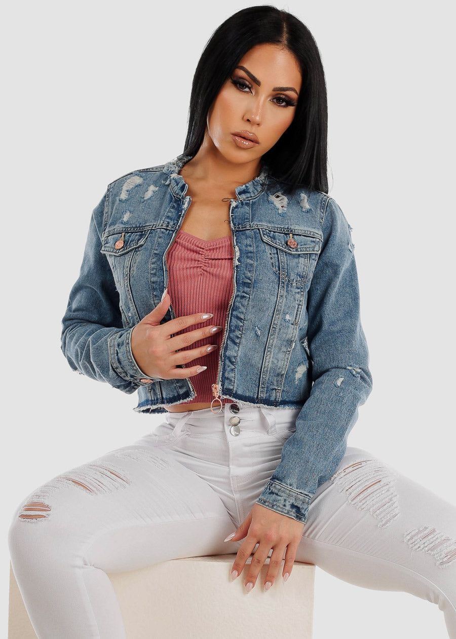 Distressed Long Sleeve Zip Up Faded Denim Jacket sold by Moda product image thumbnail 2