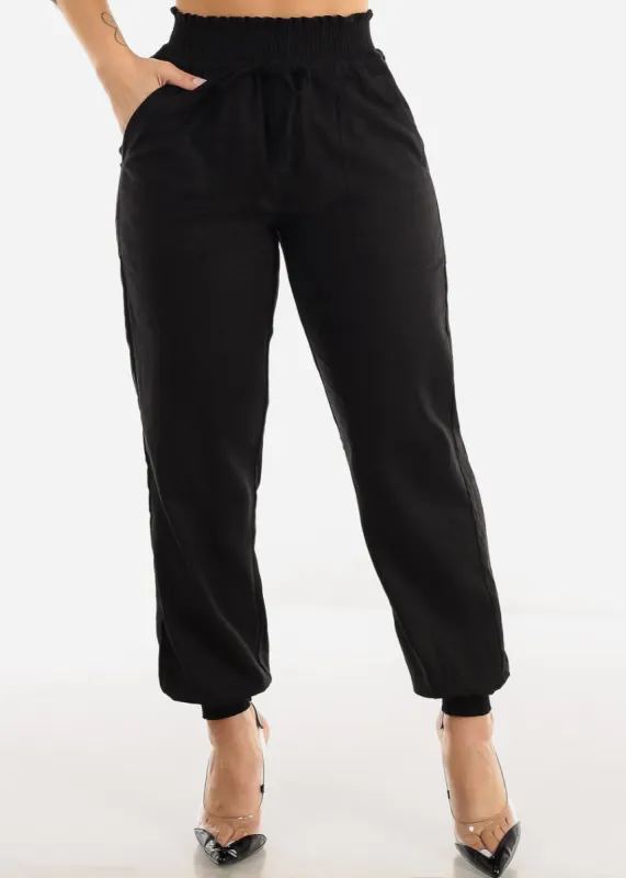 Black Linen High Rise Spandex Waist Jogger Pants sold by Moda