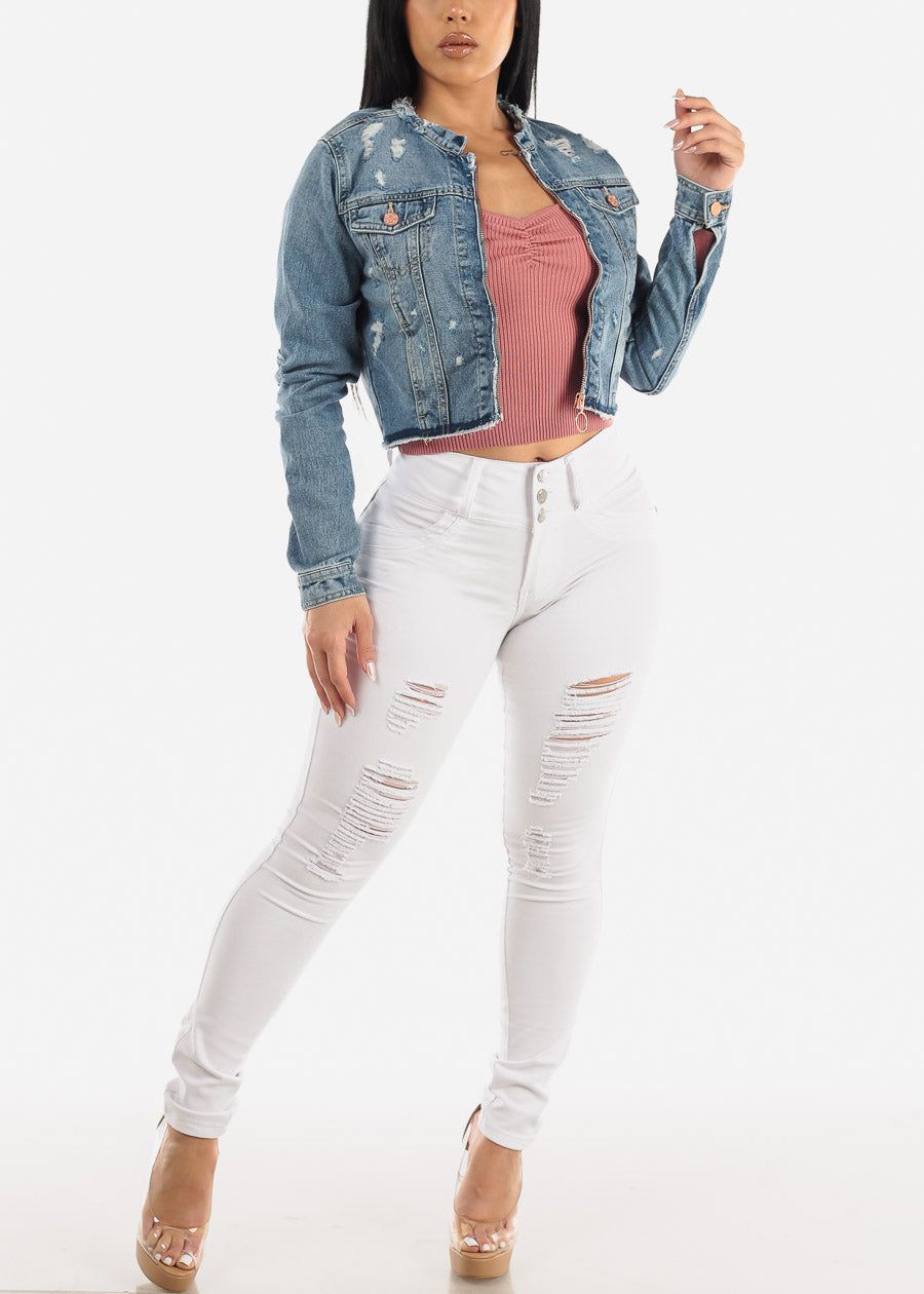 Distressed Long Sleeve Zip Up Faded Denim Jacket sold by Moda product image thumbnail 4