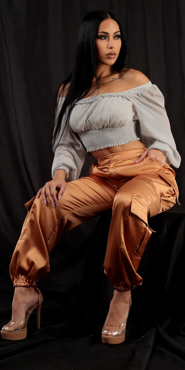 Smocked Satin Cargo Joggers Look sold by Moda
