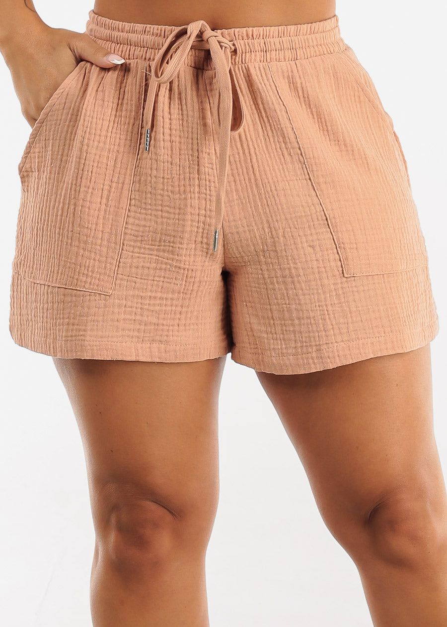Cotton High Drawstring Waist Shorts Mocha sold by Moda