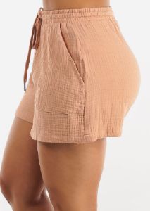 Cotton High Drawstring Waist Shorts Mocha sold by Moda
