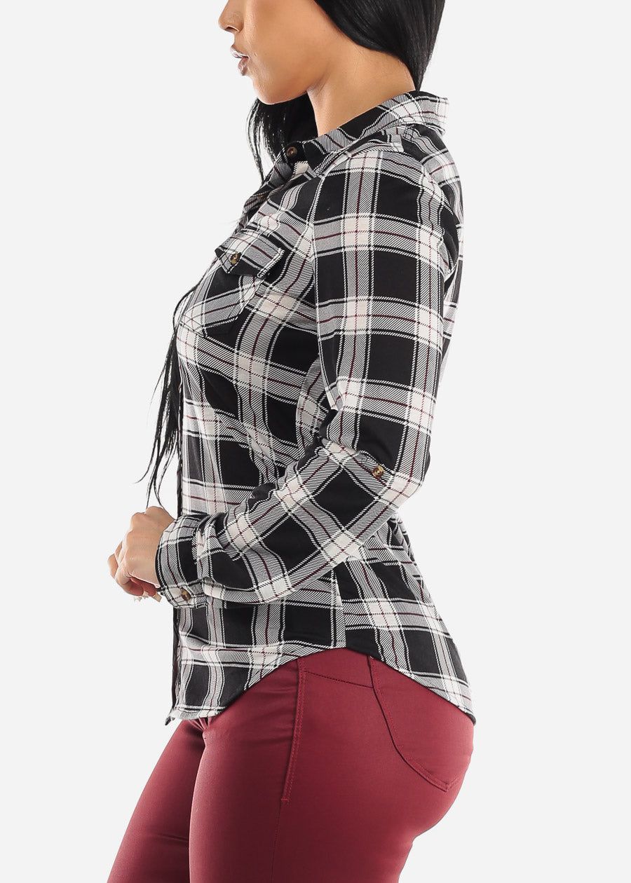 Long Sleeve Button Up Plaid Shirt Black & White sold by Moda product image thumbnail 3