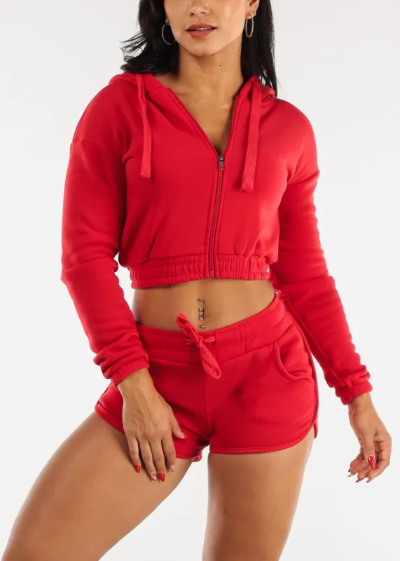 Fleece Zip Up Cropped Hoodie & Shorts Red (2 PCE SET) sold by Moda