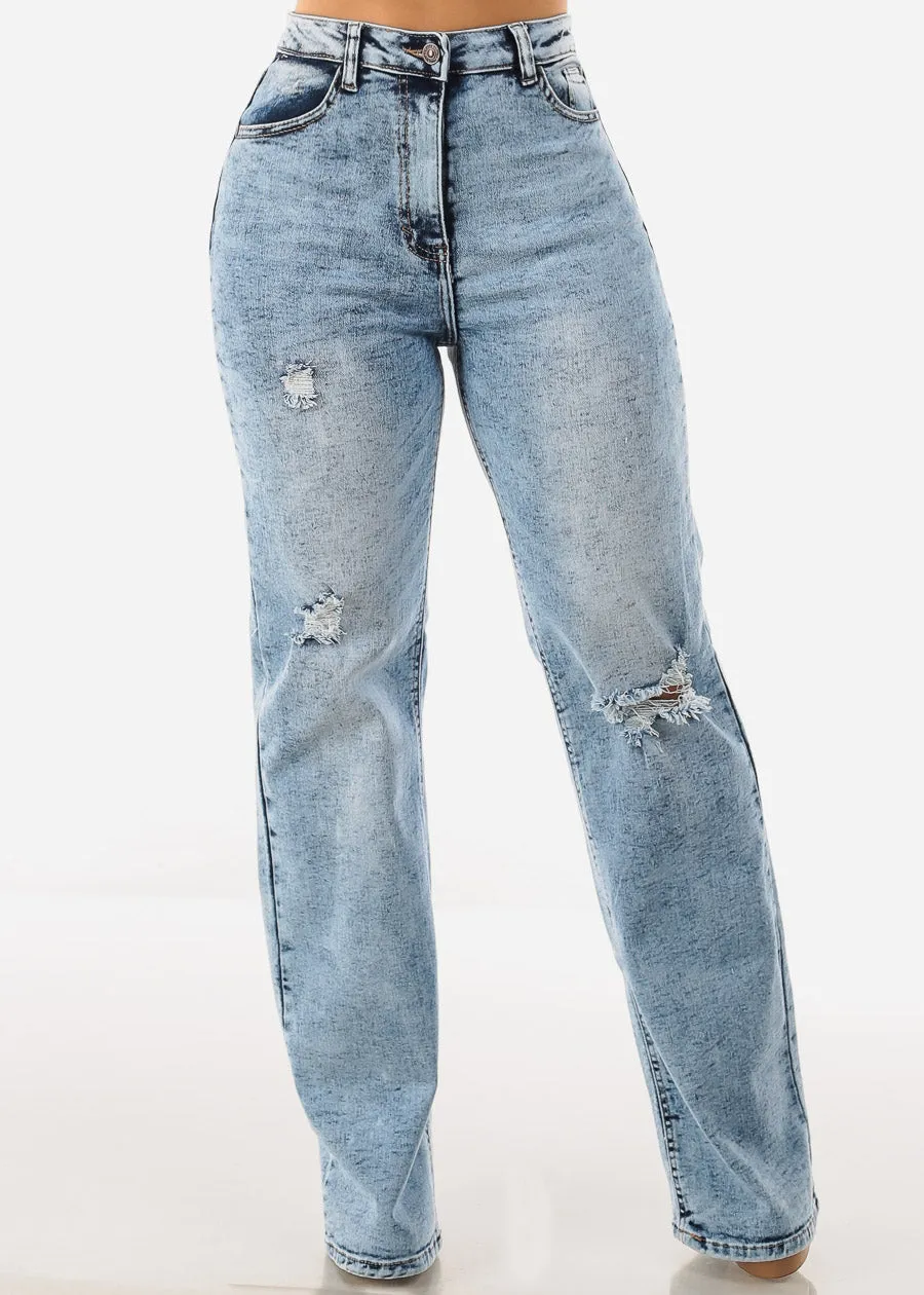 Acid Wash Ripped Wide Leg Straight Stretch Jeans sold by Moda