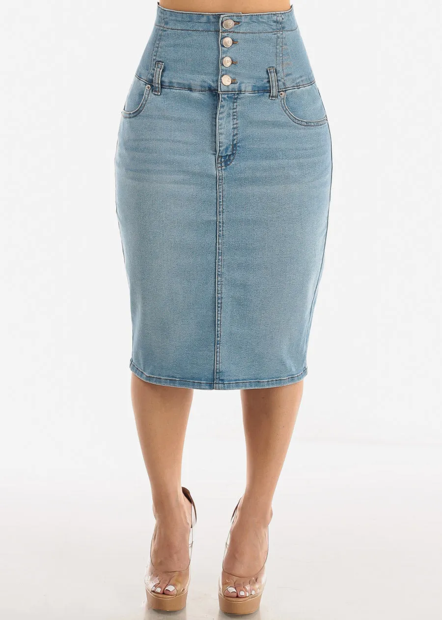 Ultra High Waist Light Denim Pencil Skirt sold by Moda
