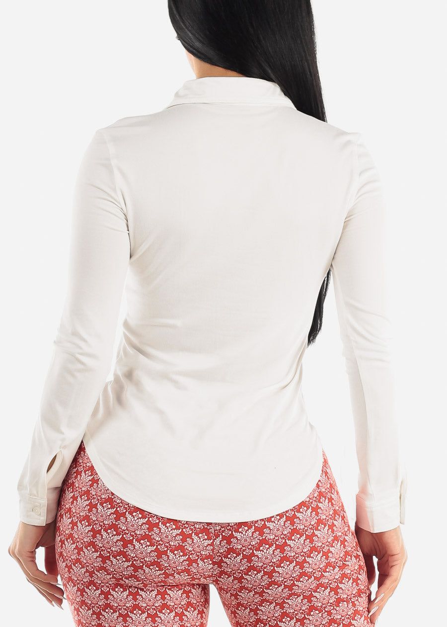 White Long Sleeve Button Up Fitted Collared Top sold by Moda product image thumbnail 4
