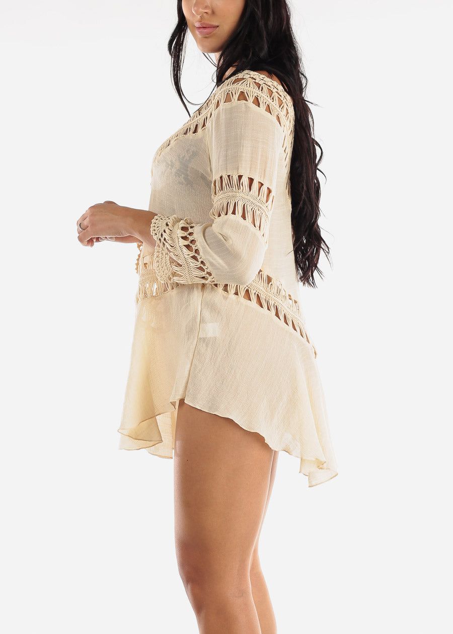 Long Sleeve Cover Up Kimono Beige Crochet sold by Moda product image thumbnail 2