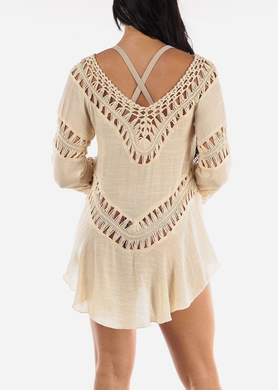 Long Sleeve Cover Up Kimono Beige Crochet sold by Moda product image thumbnail 3