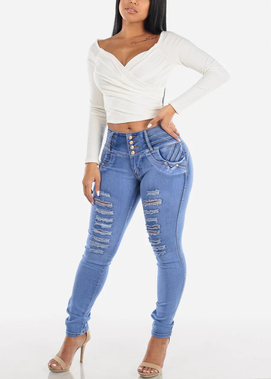 MX JEANS Mid Rise Butt Lifting Ripped Skinny Jeans sold by Moda product image thumbnail 5