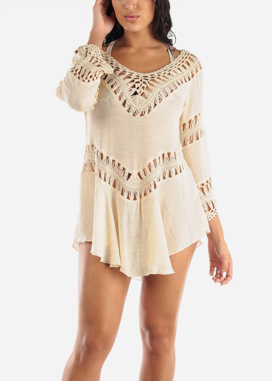Long Sleeve Cover Up Kimono Beige Crochet sold by Moda