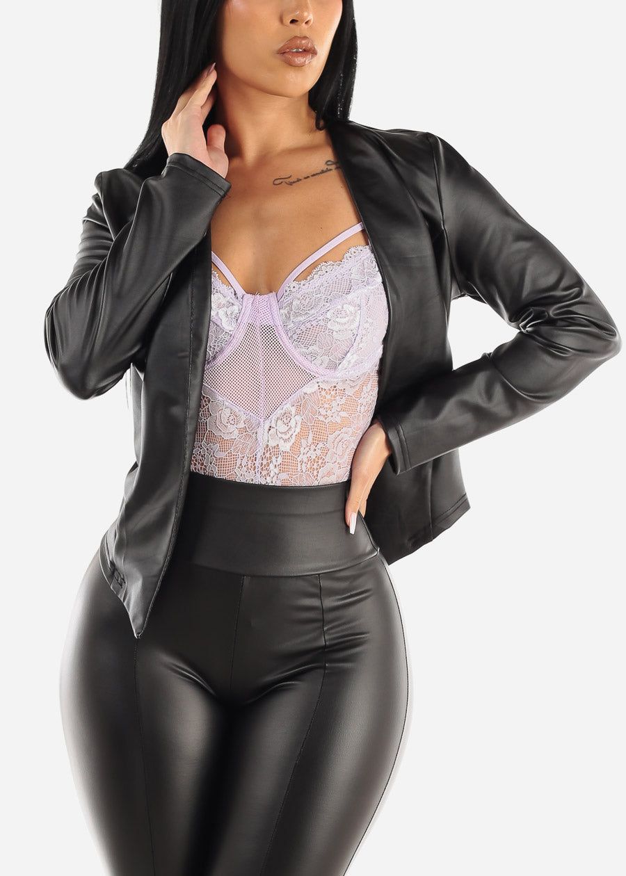 Black Faux Leather Long Sleeve Open Blazer sold by Moda product image thumbnail 3