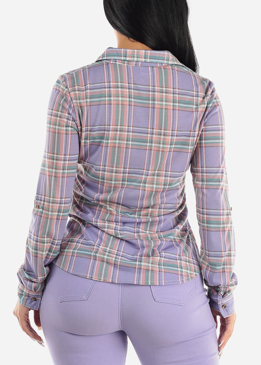 Long Sleeve Button Up Plaid Shirt Light Purple sold by Moda product image thumbnail 4