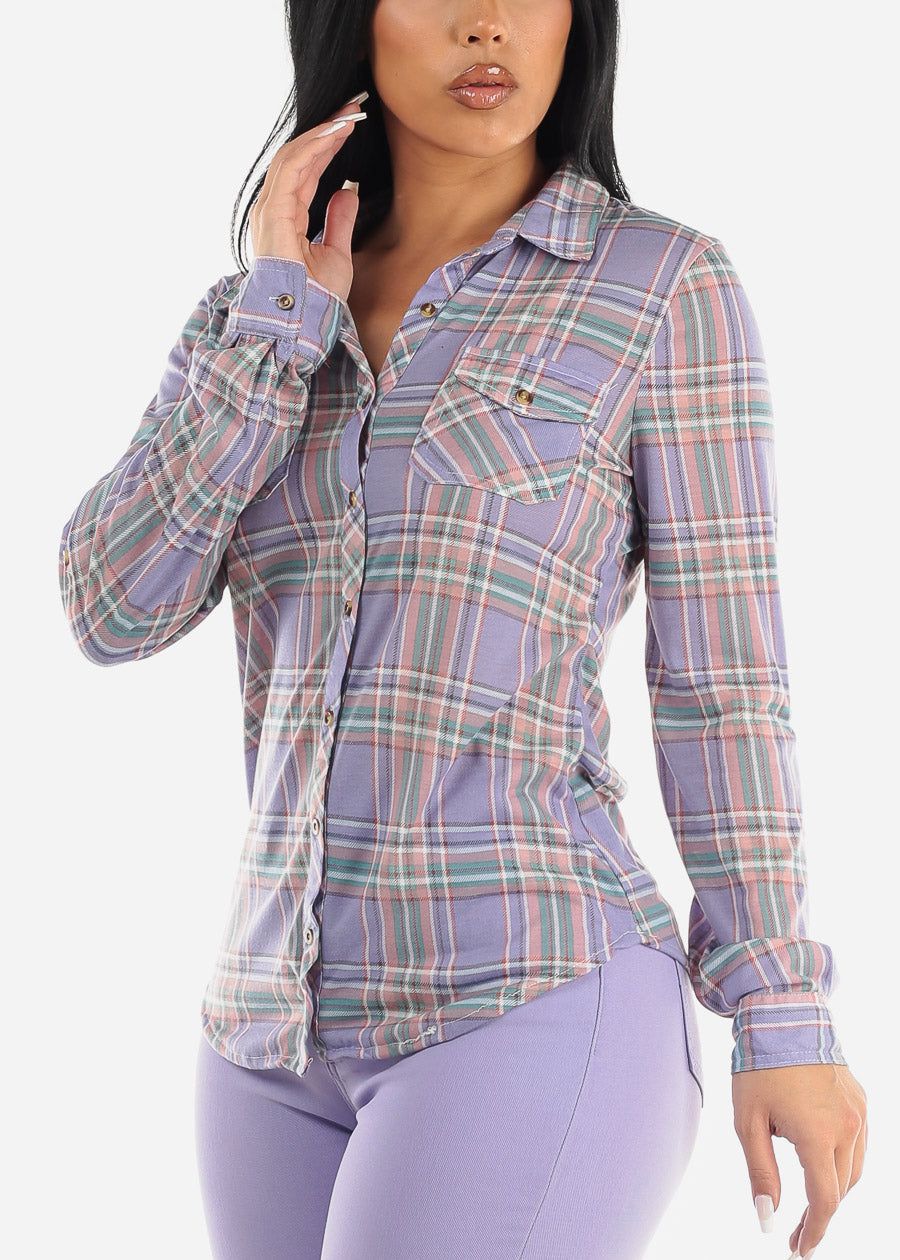 Long Sleeve Button Up Plaid Shirt Light Purple sold by Moda
