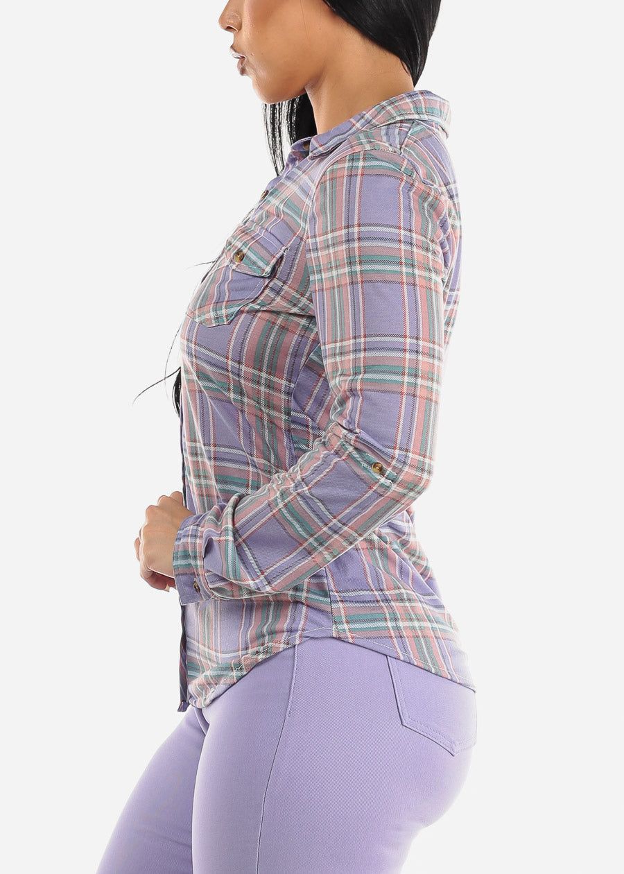 Long Sleeve Button Up Plaid Shirt Light Purple sold by Moda product image thumbnail 3