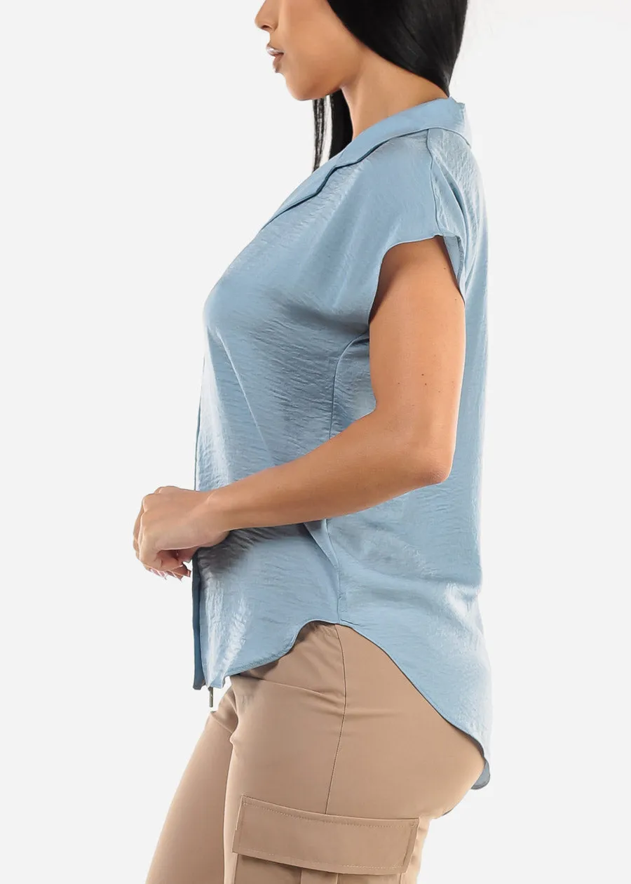 Short Sleeve Button Up Round Hem Blouse Light Blue sold by Moda product image thumbnail 3