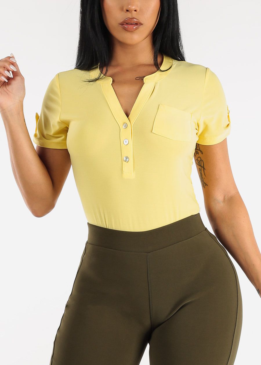 Short Sleeve Half Button Up Blouse Yellow sold by Moda