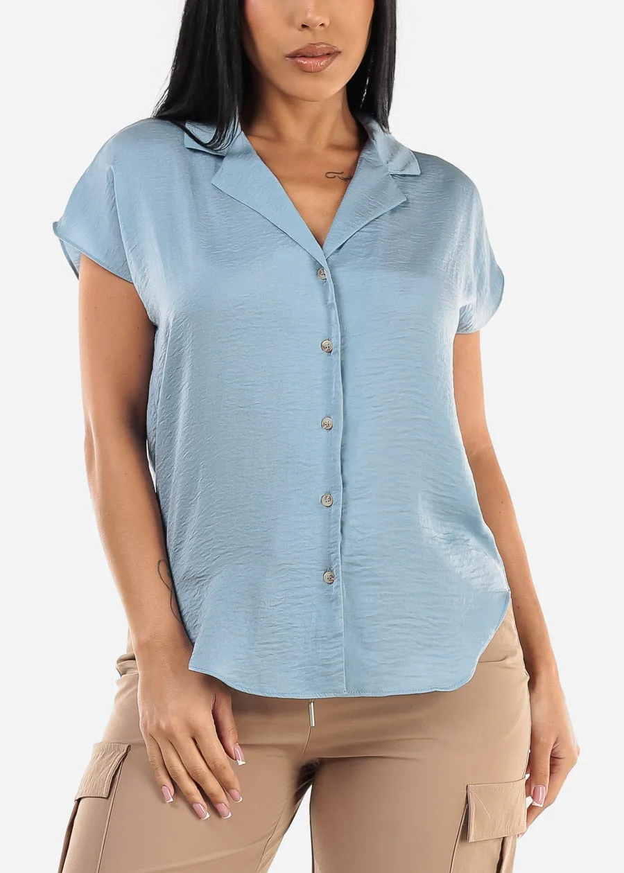 Short Sleeve Button Up Round Hem Blouse Light Blue sold by Moda