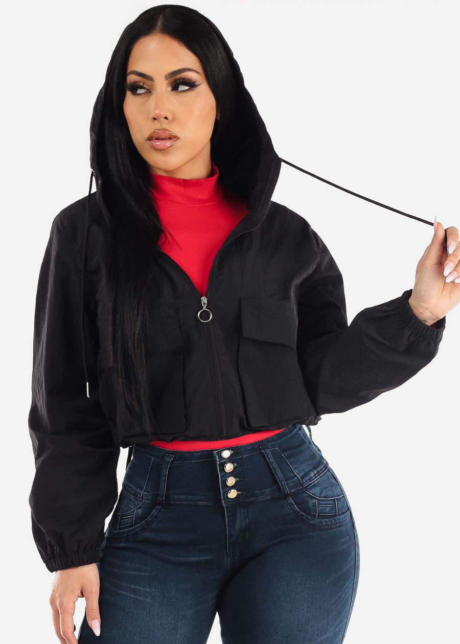 Black Long Sleeve Lightweight Zip Up Jacket w Front Pockets sold by Moda