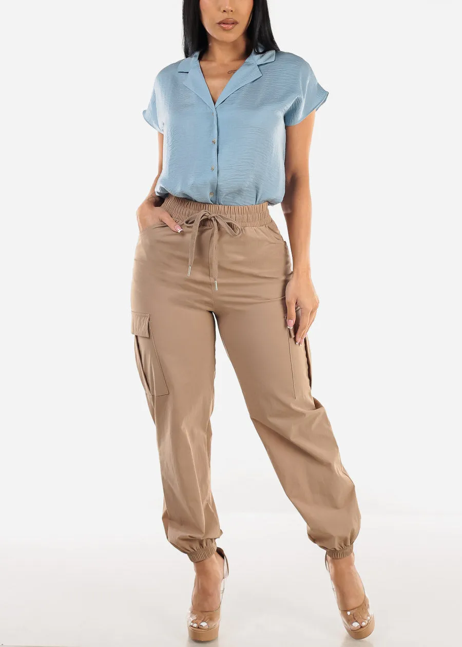 Short Sleeve Button Up Round Hem Blouse Light Blue sold by Moda product image thumbnail 2