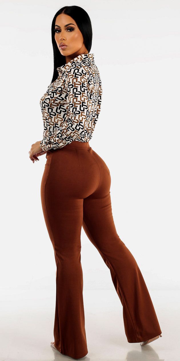 High Waisted Wide Legged Brown Pants with White Printed Button Up Blouse sold by Moda product image thumbnail 2