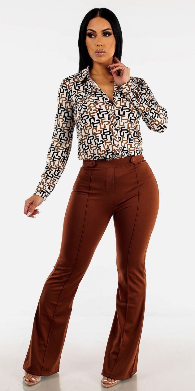 High Waisted Wide Legged Brown Pants with White Printed Button Up Blouse sold by Moda