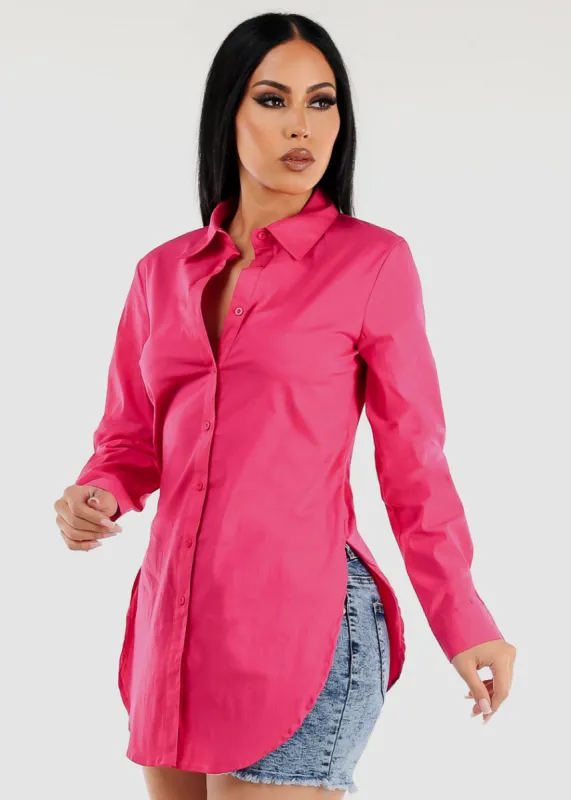 Button Down Long Sleeve Tunic Shirt Fuchsia w Slits sold by Moda