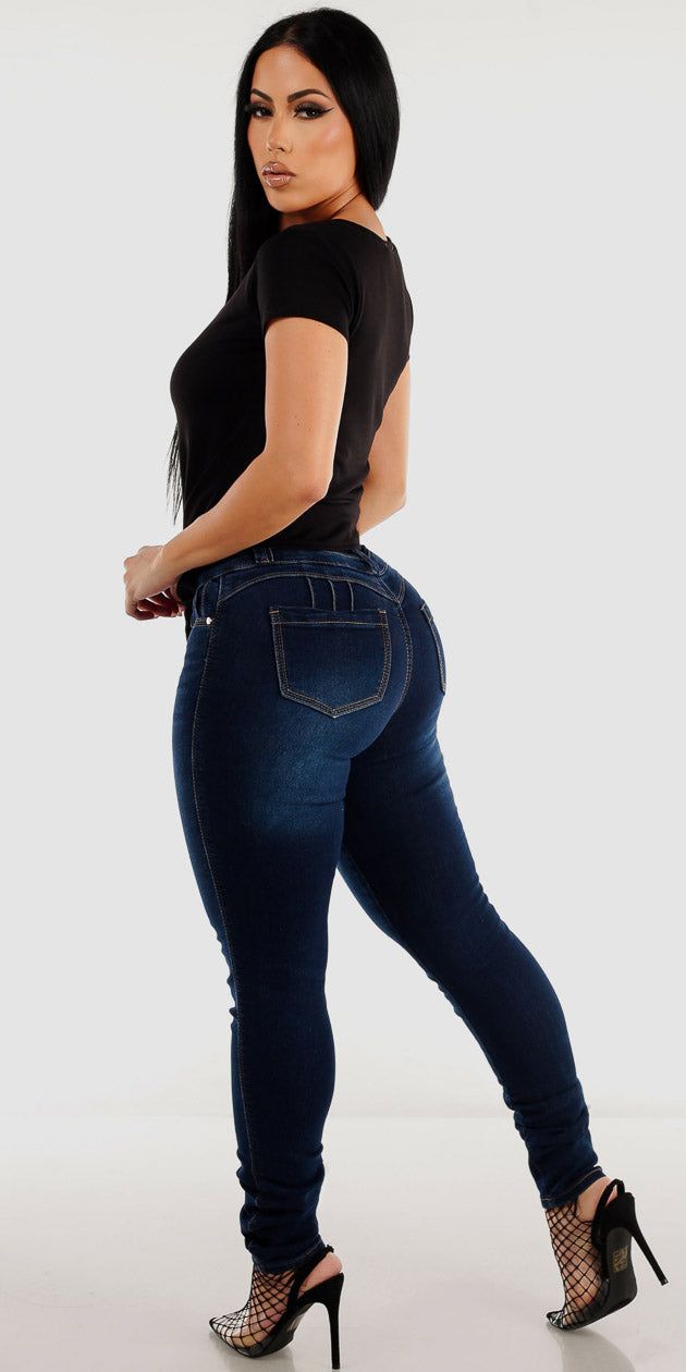 Dark Blue Butt Lifting Skinny Jeans Black Short Sleeve Basic Top and Brown Long Sleeve Plaid Shacket sold by Moda product image thumbnail 2