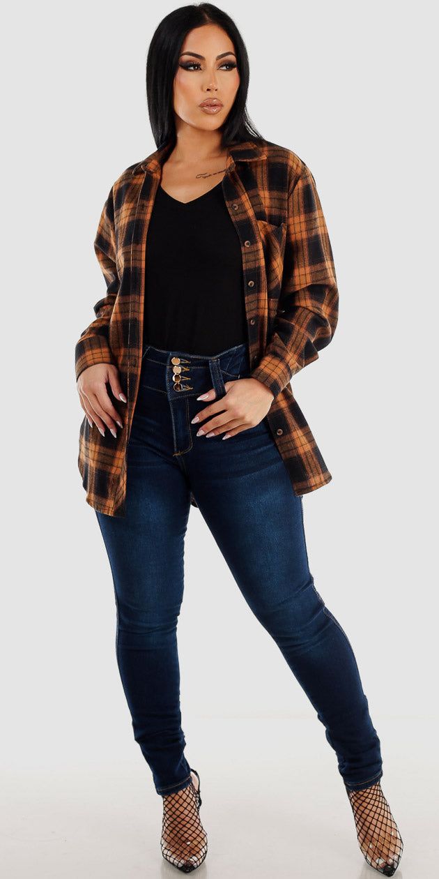 Dark Blue Butt Lifting Skinny Jeans Black Short Sleeve Basic Top and Brown Long Sleeve Plaid Shacket sold by Moda