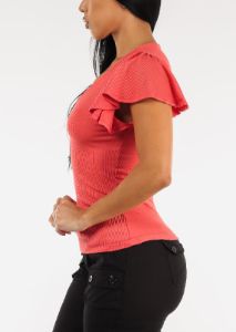 Short Sleeve Vneck Flutter Top Coral sold by Moda