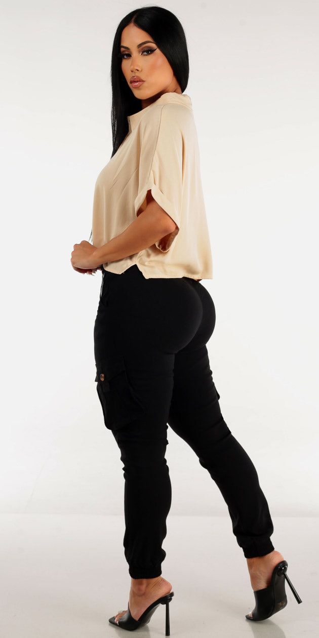 Black Hyper Stretch High Rise Cargo Jogger Pants with Cropped Button Up Beige Shirt sold by Moda product image thumbnail 2