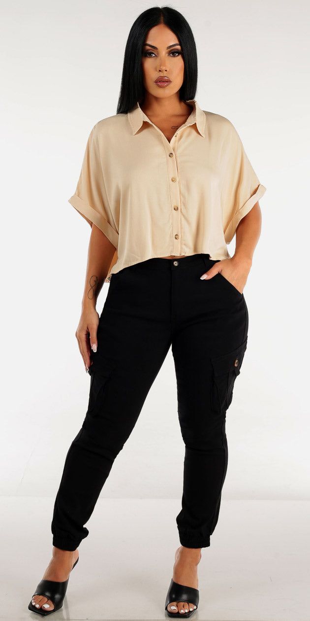 Black Hyper Stretch High Rise Cargo Jogger Pants with Cropped Button Up Beige Shirt sold by Moda