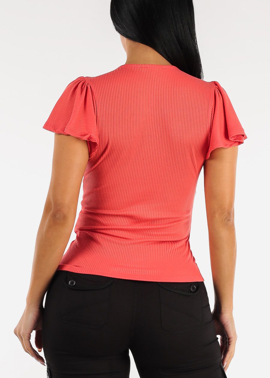 Short Sleeve Vneck Flutter Top Coral sold by Moda product image thumbnail 4
